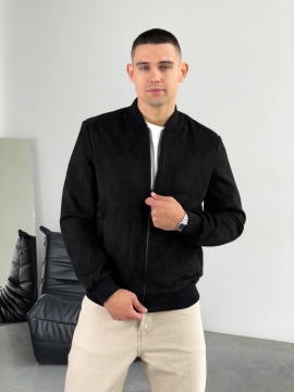 Чорний замшевий чоловічий демісезонний бомбер на блискавці К-1567