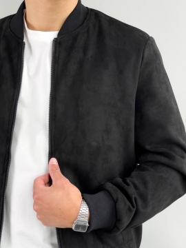 Чорний замшевий чоловічий демісезонний бомбер на блискавці К-1567