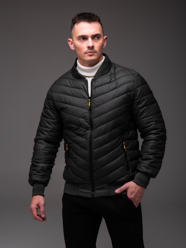 Стеганый мужской весенний бомбер темный хаки утепленный К-1575