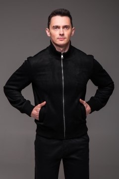 Черная мужская замшевая куртка бобмер воротник стойка К-1578