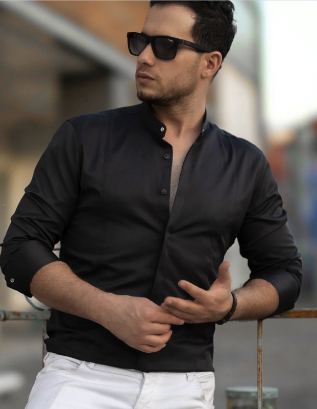 Чорна чоловіча однотонна сорочка комір стійка з довгим рукавом Р-1540