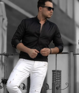 Чорна чоловіча однотонна сорочка комір стійка з довгим рукавом Р-1540