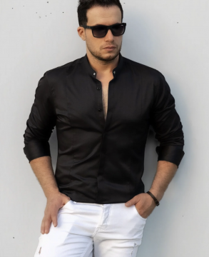 Чорна чоловіча однотонна сорочка комір стійка з довгим рукавом Р-1540