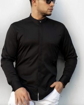 Чорна чоловіча однотонна сорочка комір стійка з довгим рукавом Р-1540