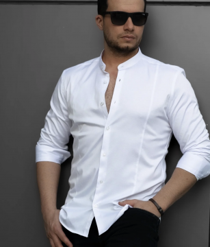 Белая приталенная мужская однотонная рубашка с длинным рукавом стойка Р-1541