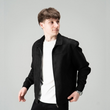 Чорна чоловіча весняна куртка замшева з коміром К-1583