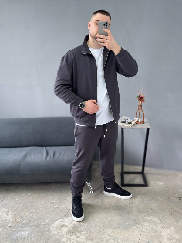 Мужской спортивный костюм на весну осень в оттенке графит на молнии К-992 