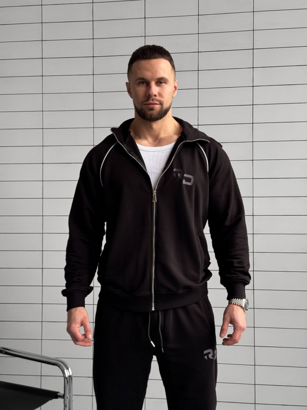 Модный черный спортивный костюм на молнии с капюшоном К-993