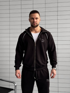 Модный черный спортивный костюм на молнии с капюшоном К-993
