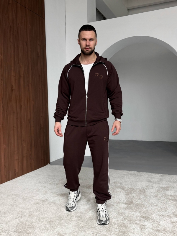 Модный темно коричневый спортивный костюм с капюшоном свободного кроя К-996
