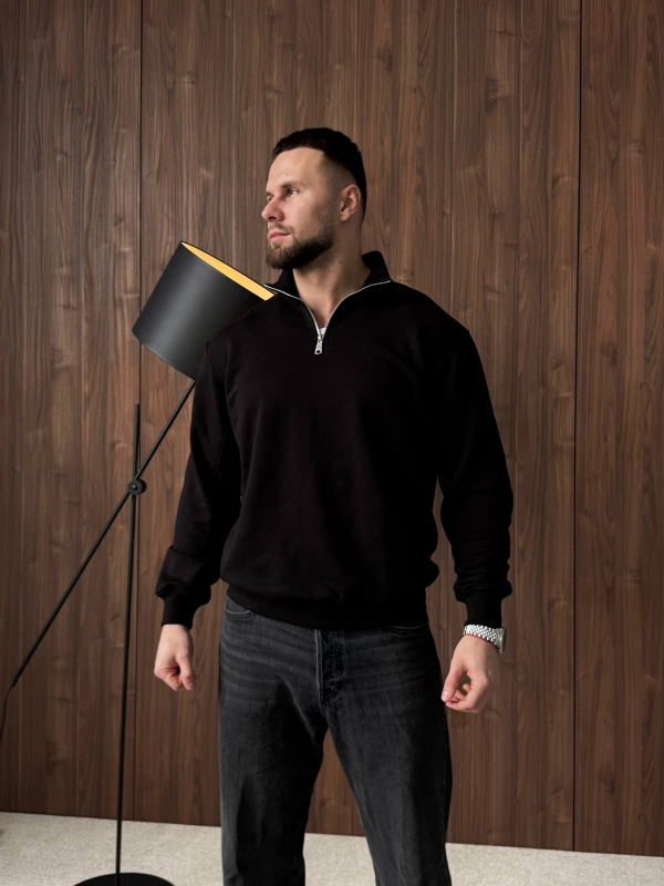 Чорний чоловічий світшот із блискавкою на шиї вільного крою Т-1366