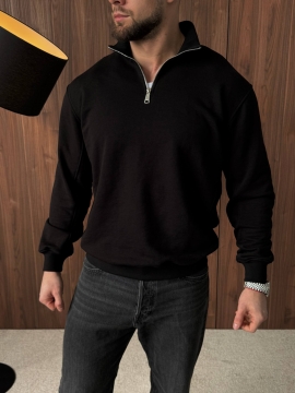 Чорний чоловічий світшот із блискавкою на шиї вільного крою Т-1366