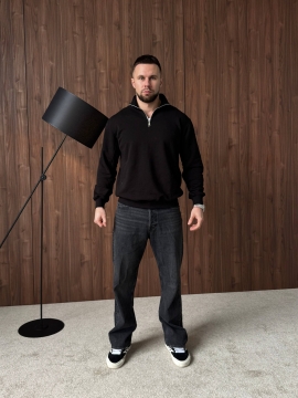 Чорний чоловічий світшот із блискавкою на шиї вільного крою Т-1366