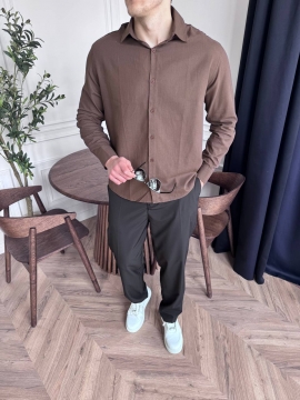 Коричневая мужская легкая хлопковая рубашка на весну лето Р-1551