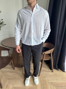 Белая мужская рубашка с длинным рукавом на весну лето Р-1552