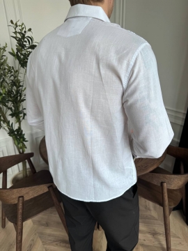 Белая мужская рубашка с длинным рукавом на весну лето Р-1552