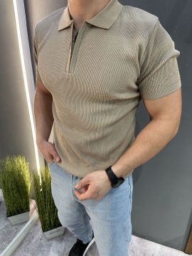 Темно бежевая мужская футболка поло в рубчик на молнии Ф-1529
