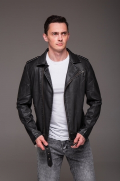 Шкіряна чоловіча курточка у темно сірому кольорі К-1602