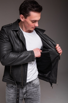 Шкіряна чоловіча курточка у темно сірому кольорі К-1602