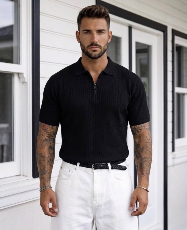 Футболка черная мужская поло на молнии в рубчик Ф-1551