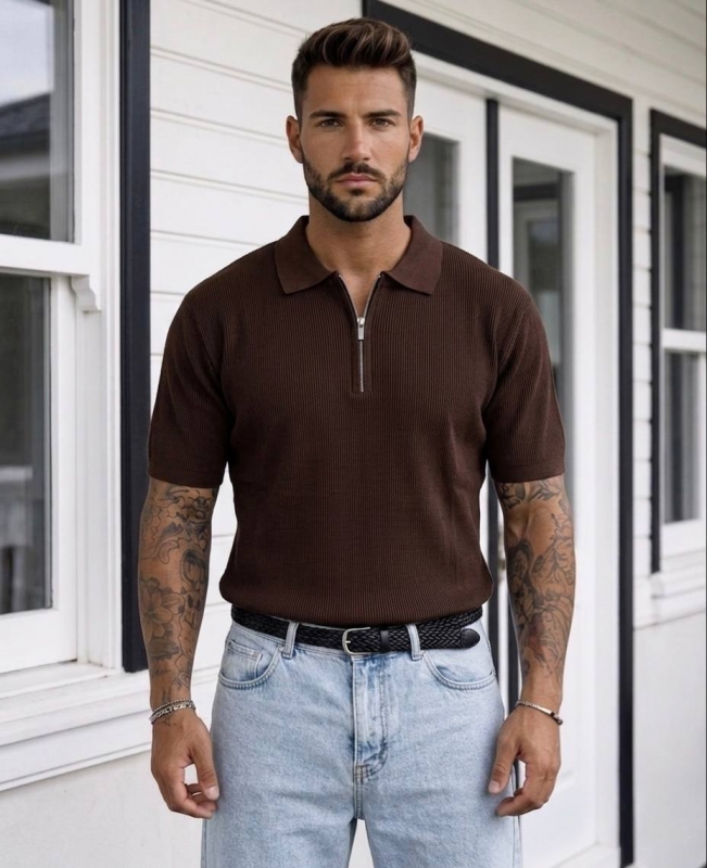 Стильне темно-коричневе поло в рубчик на літо Ф-1552