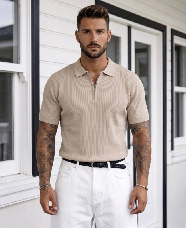 Бежевое мужское стильное поло в рубчик на молнии Ф-1553