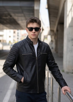 Стильная мужская кожаная куртка воротник стойка К-1603