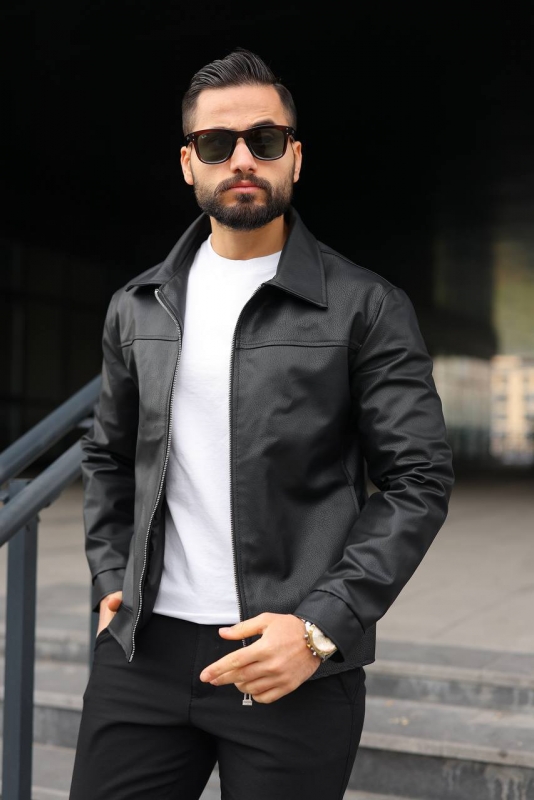 Шкіряна куртка чоловіча з класичним коміром К-1604