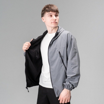 Куртка ветровка двухсторонняя черно-серая с капюшоном К-1605