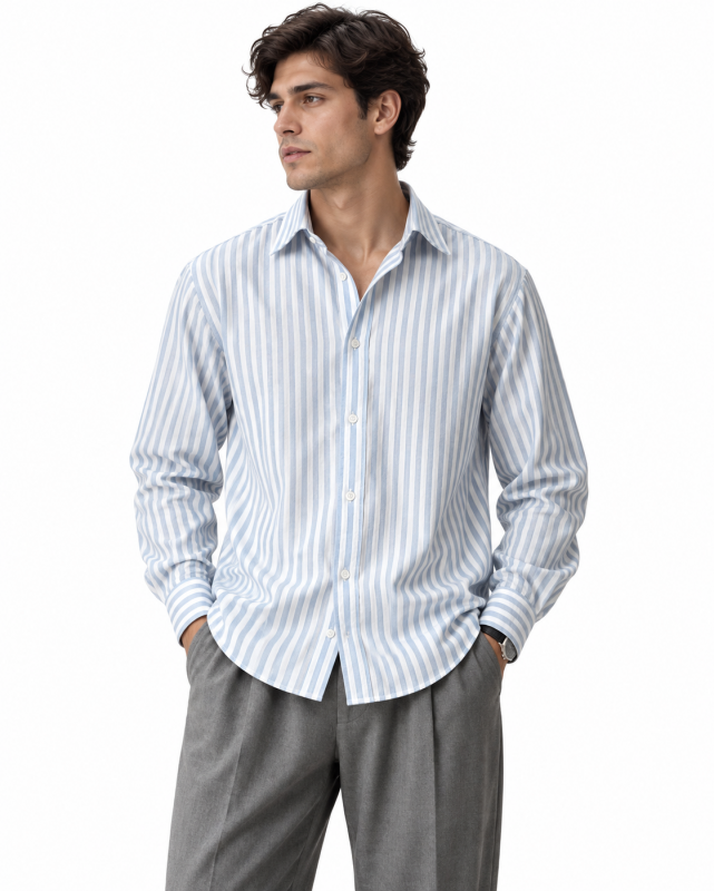 Льняная белая мужская рубашка в голубую полоску с длинным рукавом Р-1554