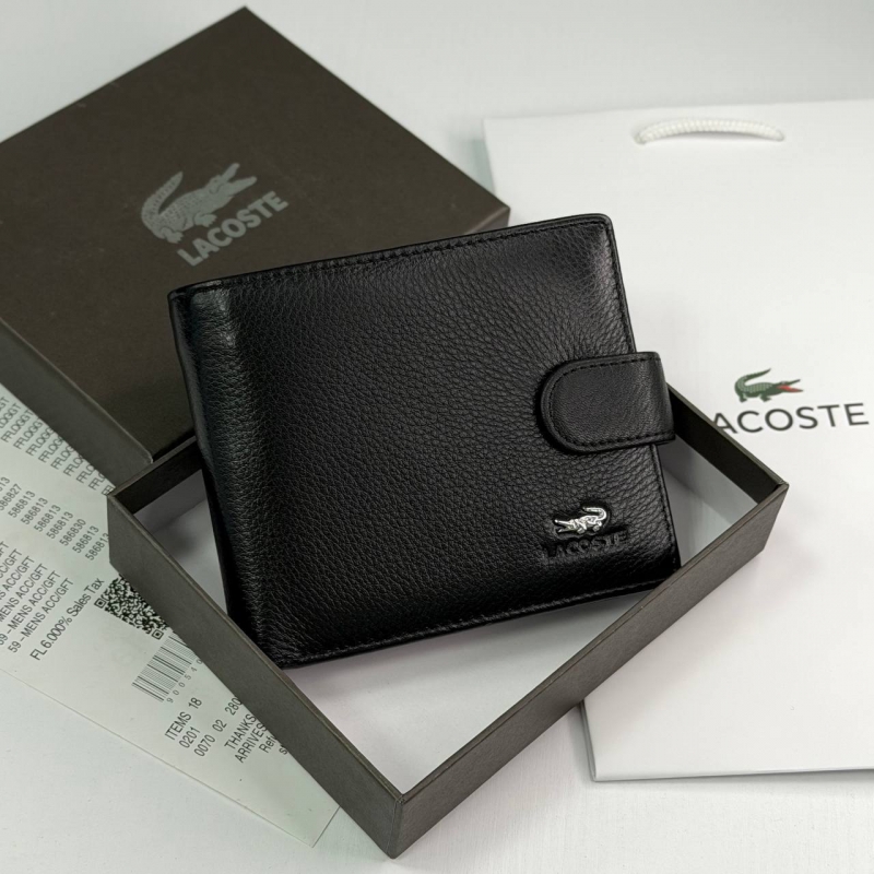 Кожаный мужской черный кошелек Lacoste на кнопке К-141