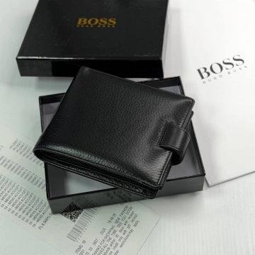 Черный кожаный мужской кошелек Boss на кнопке К-142