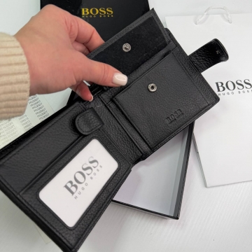 Черный кожаный мужской кошелек Boss на кнопке К-142
