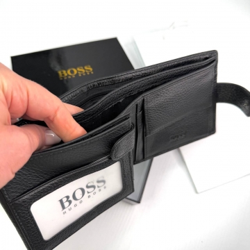 Черный кожаный мужской кошелек Boss на кнопке К-142