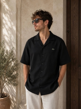 Черная брендовая льняная рубашка Lacoste с коротким рукавом Р-1571