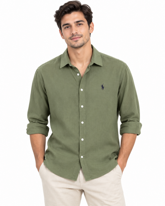Стильная летняя брендовая рубашка хаки с длинным рукавом Ralph Lauren Р-1592