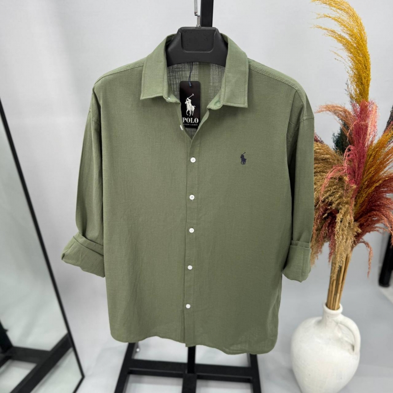 Стильная летняя брендовая рубашка хаки с длинным рукавом Ralph Lauren Р-1592