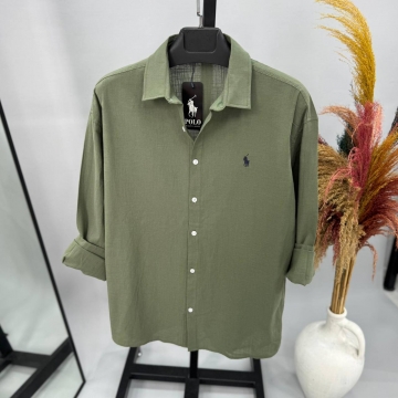 Стильная летняя брендовая рубашка хаки с длинным рукавом Ralph Lauren Р-1592