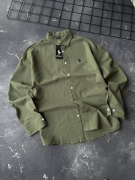 Стильная летняя брендовая рубашка хаки с длинным рукавом Ralph Lauren Р-1592