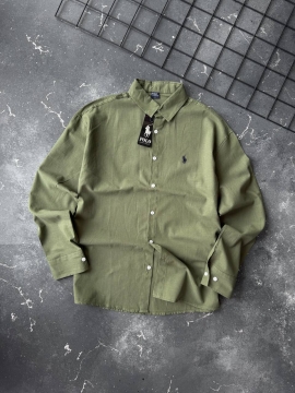 Стильная летняя брендовая рубашка хаки с длинным рукавом Ralph Lauren Р-1592