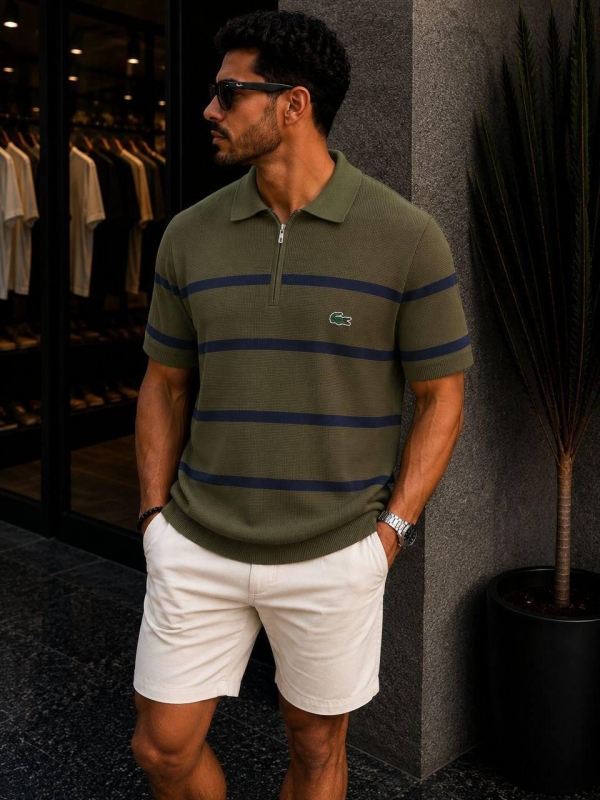 Стильное мужское брендовое поло Lacoste хаки на молнии Ф-1585