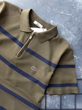Стильное мужское брендовое поло Lacoste хаки на молнии Ф-1585