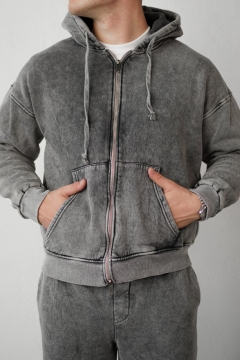 Модний темно-сірий спортивний костюм Acid Wash на флісі з кофтою на блискавці К-1044
