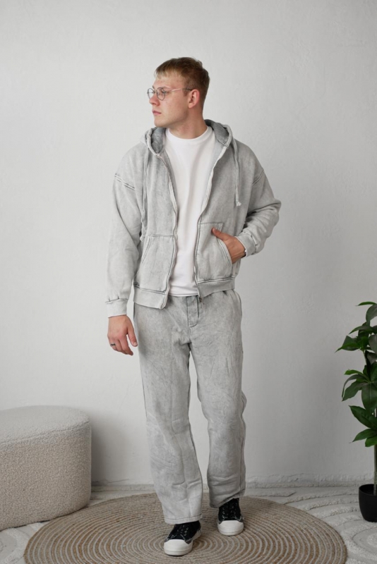 Модный светло серый теплый спортивный костюм на молнии с каюшоном Acid Wash К-1045