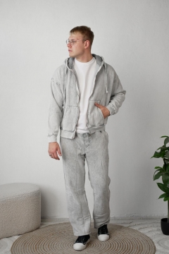 Модный светло серый теплый спортивный костюм на молнии с каюшоном Acid Wash К-1045
