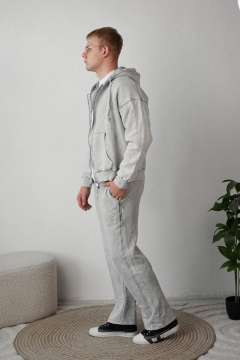 Модный светло серый теплый спортивный костюм на молнии с каюшоном Acid Wash К-1045