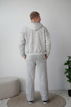 Модный светло серый теплый спортивный костюм на молнии с каюшоном Acid Wash К-1045