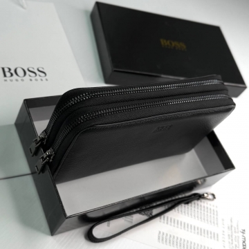Кожаный мужской брендовый черный клатч Boss с 2 молниями К-157