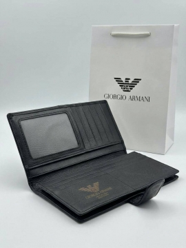 Черный брендовый кожаный длинный кошелек Armani на кнопке К-165