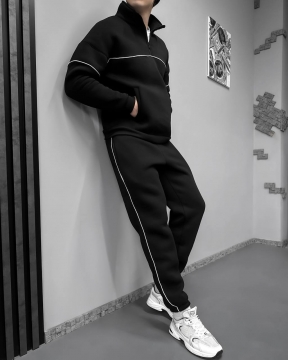 Чорний теплий чоловічий спортивний костюм на флісі з блискавкою під шию К-1064